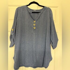 Blue Ribbed Button-Up Top